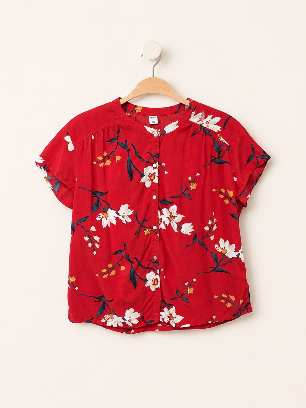 Red Floral Banded-Collar Blouse Size XS